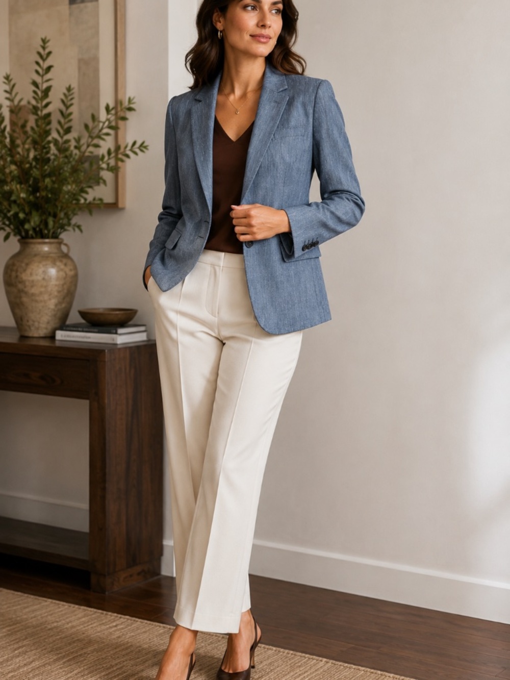 Ann Taylor Blue Heather Linen Blend Single Button Blazer Jacket Size 8